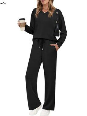 V Neck Lounge Matching Set Wide Leg Pants 2 Piece Sweatsuit